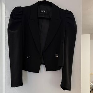 Zara Black Structured Blazer with Puff Sleeves Size XS